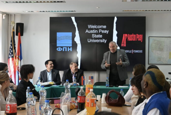 Dr. Rudy Baker, Dr. Rich Mifsud, and Dr. Dragan V. Simić during a discussion with faculty and students at the University of Belgrade. (University of Belgrade)