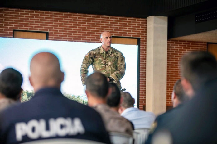 Chief Warrant Officer 2 Nick Lavery, a Green Beret with 5th Special Forces Group, speaks to Spanish military and law enforcement personnel at RESCUE-OPS II held in Alicante, Spain on April 27th, 2023. (U.S. Army photo by Sgt. Mykaela Martin)