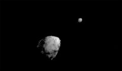 This image of asteroids Didymos, left, and Dimorphos was captured by NASA’s DART mission a few seconds before the spacecraft smashed into Dimorphos on September 26th, 2022. The impact on the smaller asteroid had a measurable effect on the orbit of its larger partner. (NASA/Johns Hopkins APL)