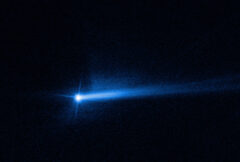 The Hubble Space Telescope observed two tails of dust ejected from the Didymos-Dimorphos asteroid system several days after NASA’s DART spacecraft impacted the smaller asteroid. (NASA, ESA, Jian-Yang Li (PSI), Joe Depasquale (STScI))