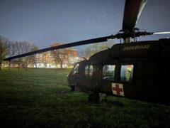 Tennessee Army National Guard UH-60 Blackhawk helicopter lands at Chattanooga’s Lincoln Park, next to Erlanger Baroness Hospital, where an injured hiker suffering severe lower extremity injuries following a rockslide near Signal Mountain was transferred to an awaiting ambulance and taken to the hospital emergency room, March 21st. (submitted photo)