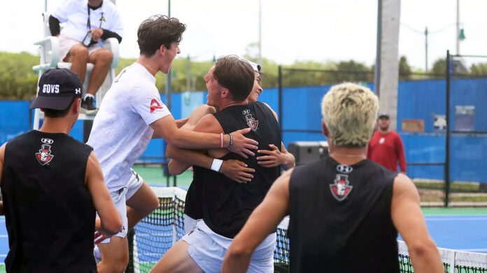 Vincent Lu Secures Historic First ASUN Tournament Win for Austin Peay State University Men's Tennis Over Bellarmine. (Madison Harrigan, APSU Sports Information)