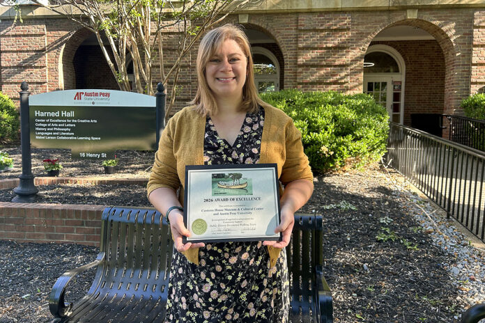 Dr. Cate LiaBraaten with a 2026 Award of Excellence in the Community Support category for “Public History: Downtown Walking Tours,” presented to Austin Peay State University and the Customs House Museum & Cultural Center by the Tennessee Association of Museums. (Grayson Nicholson)