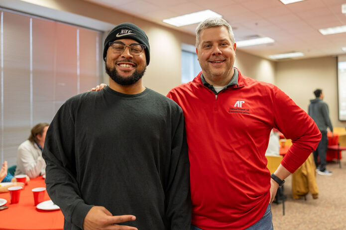 Dillon Walton and Rob Baron at the Communication Holiday Luncheon in 2025. (Jayla Willis, APSU)