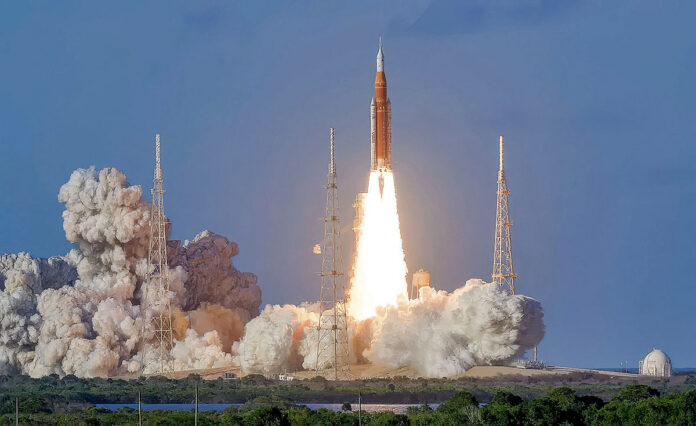 The SLS (Space Launch System) launches with the Artemis II crew aboard the Orion spacecraft on April 1st, 2026, at NASA’s Kennedy Space Center in Florida. (NASA/Bill Ingalls)