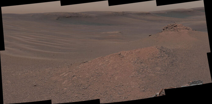 Curiosity’s Mastcam captured this mosaic on Feb. 3, 2019, of a region on Mount Sharp with lots of clay-bearing rocks that formed when lakes and streams were present billions of years ago. The “Mary Anning 3” sample was found in this clay-enriched region. (NASA/JPL-Caltech/MSSS)
