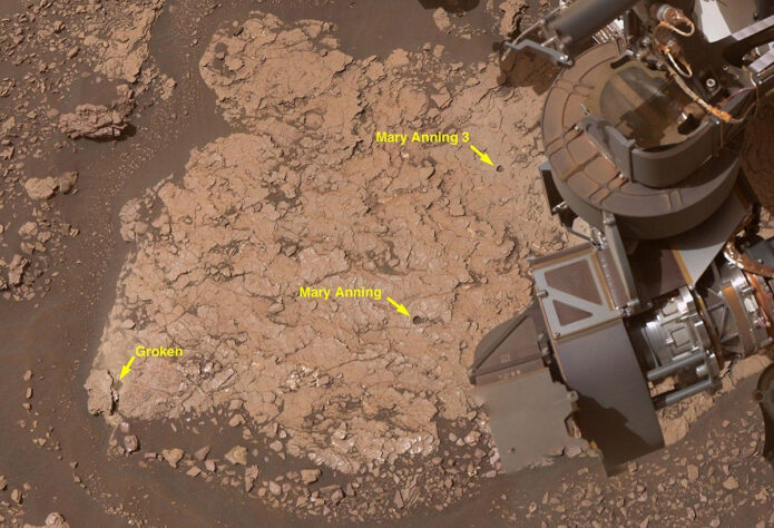 This is an annotated close-up of three holes NASA’s Curiosity drilled into Martian rock at a location nicknamed “Mary Anning” in October 2020. The sample where the rover found a diverse number of organic molecules came from “Mary Anning 3.” (A nearby spot nicknamed “Mary Anning 2” went unused.) (NASA/JPL-Caltech/MSSS)
