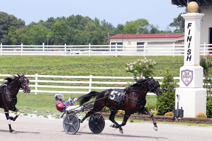 Handsome Stranger with Devon Tharps winning the $16,000 featured pace at Oak Grove Racing on June 9th. (Tony Centonze)
