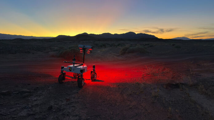 During the field test, which took place in March 2026 in the Colorado Desert of Southern California, the JPL team deployed ERNEST at all times of the day — including dusk, dawn, and nighttime, when lighting conditions create long shadows like those seen on the Moon’s polar regions. (NASA/JPL-Caltech)