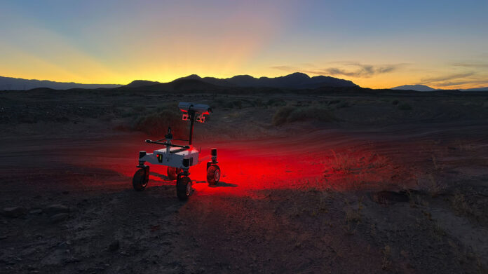 During the field test, which took place in March 2026 in the Colorado Desert of Southern California, the JPL team deployed ERNEST at all times of the day — including dusk, dawn, and nighttime, when lighting conditions create long shadows like those seen on the Moon’s polar regions. (NASA/JPL-Caltech)