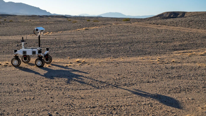 Developed at NASA’s Jet Propulsion Laboratory, ERNEST (Exploration Rover for Navigating Extreme Sloped Terrain) is used in a desert field test to help refine mobility hardware and autonomy software that could be used for a potential future long-range lunar rover mission. (NASA/JPL-Caltech)
