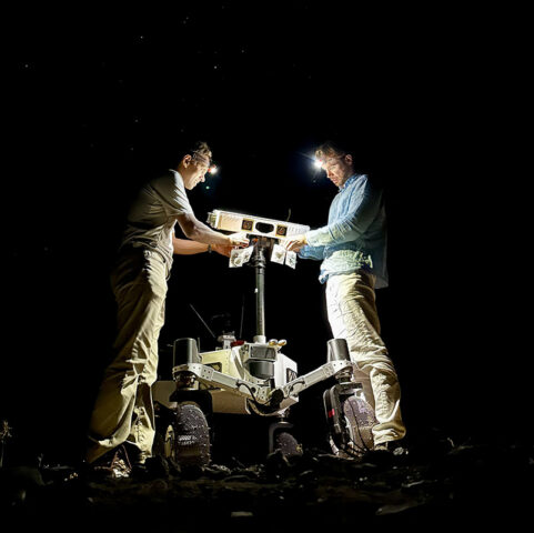 Engineers from JPL set up illuminators after transporting ERNEST for a pre-sunrise test during a seven-day desert field campaign. (NASA/JPL-Caltech)