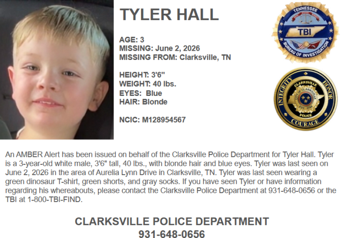 Amber Alert issued seeking Tyler Hall, a missing 3-year-old child from Clarksville, TN.