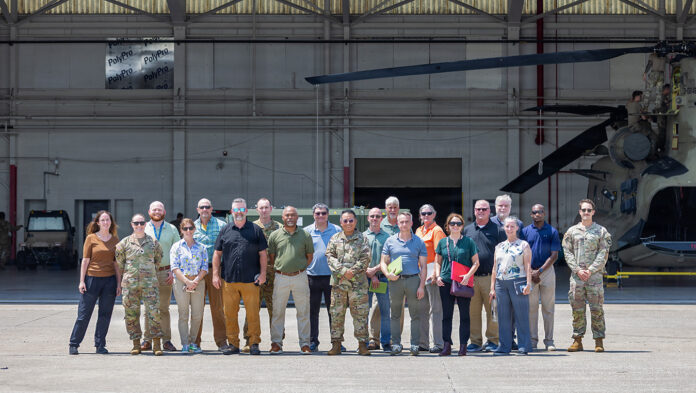 Leaders, planners, and engineers pose for a group photo outside of a hangar at Campbell Army Airfield during the Destiny Ramp Planning Conference at Fort Campbell, Kentucky, July 28, 2026. The three-day conference brought together over 40 personnel from the 101st Airborne Division (Air Assault), U.S. Army Corps of Engineers Louisville District, PM Future Long-Range Assault Aircraft (FLRAA), and the 101st Combat Aviation Brigade to select the optimal development site for a new, modernized hangar designed to house the incoming MV-75 Cheyenne II helicopter. (U.S. Army photo by Capt. Andrew Lightsey IV)