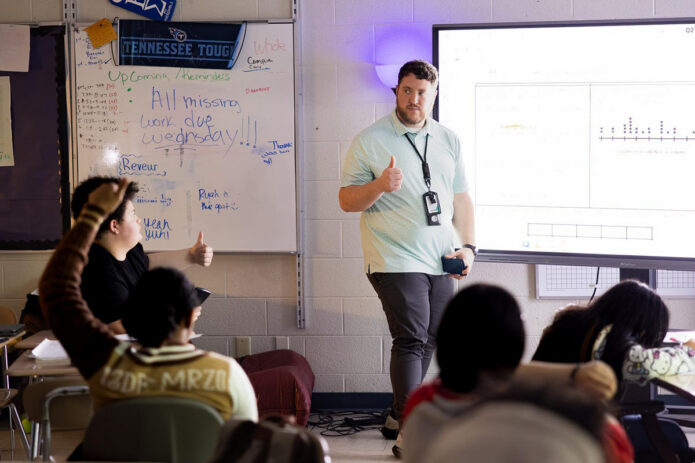 Senior math education major Andrew Daniels teaches a lesson at Kenwood Middle School through APSU’s Grow Your Own Teacher Residency. (Robyn Jacobs, APSU)
