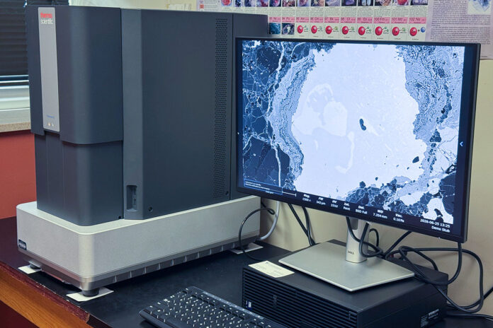 Austin Peay State University’s new scanning electron microscope lets students view publication-quality images of meteorite samples, and its tabletop design allows for beginner-friendly analysis. (Colby Wilson, APSU)