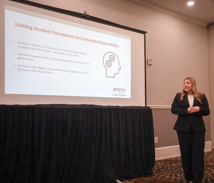 Avery Neufeld, an MBA student at APSU, presents on corporate AI usage at the 26th annual Society of Business, Industry and Economics (SOBIE) Conference in April. (Contributed Photo)