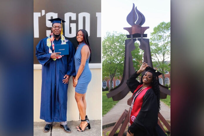 At left: RJ Tucker, now an English major at Austin Peay State University, celebrates his graduation from Northeast High School. At right: Nia Tucker celebrates her graduation from APSU with a bachelor’s in health and human performance. (Contributed photo)