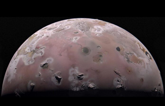 The north polar region of Jupiter’s volcanic moon Io was captured by NASA’s Juno during the spacecraft’s 57th close pass of the gas giant on December 30th, 2023. Data from that flyby and one on February 3rd, 2024, is helping scientists understand Io’s interior. (Image data: NASA/JPL-Caltech/SwRI/MSSS. Image processing by Gerald Eichstädt)