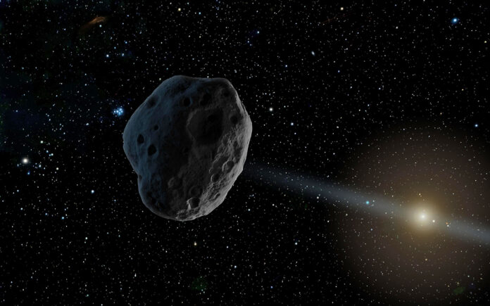 This artist’s concept depicts a near-Earth asteroid with an elongated orbit. A few objects such as these can exhibit significant perturbations in their motion around the Sun and, like the asteroid 1998 SH2, could turn out to be regular comets with a weak tail and coma (the gas and dust around a comet’s nucleus). (NASA/JPL-Caltech)