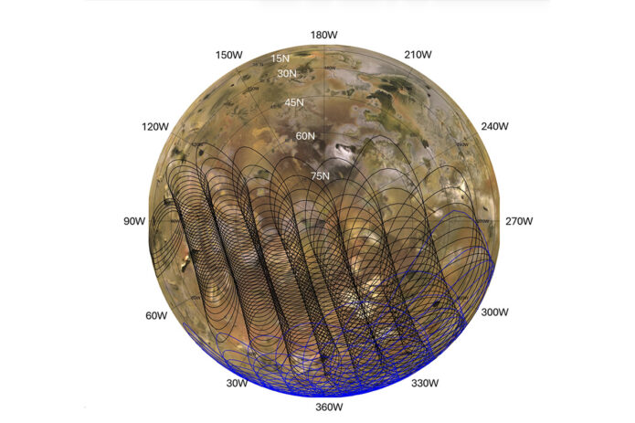 This graphic illustrates the areas of Io sampled by the Microwave Radiometer instrument aboard NASA’s Juno spacecraft during two close flybys of the Jovian moon. (NASA/JPL-Caltech/SwRI/USGS)