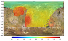 This map represents data captured by the Microwave Radiometer instrument aboard NASA’s Juno, indicating heat rising from just beneath the surface of Jupiter’s moon Io. The colors illustrate a distinct temperature gradient across the moon, with the most extreme, localized heat output in red. (NASA/JPL-Caltech/SwRI/USGS)