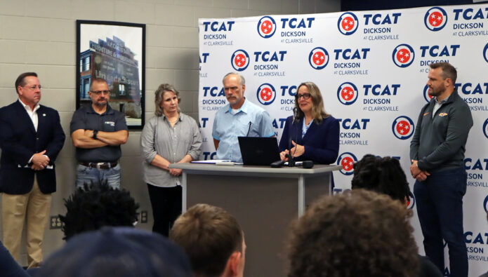TCAT Dickson President Laura Travis announced a new Tile Manufacturing Operator program for the colleges Clarksville campus during a press event Wednesday morning. The new program is set to begin Fall 2026. Standing with her during the press event are from left Michael Kephart, Tile Council of North America; Charles Martin, Florim U.S.A.; Marla Rye, President Workforce Essentials; Chris Self, Director of Workforce Development Clarksville Industrial Development Board; Travis; and Chris Self, Executive Director Clarksville Industrial Development Board.