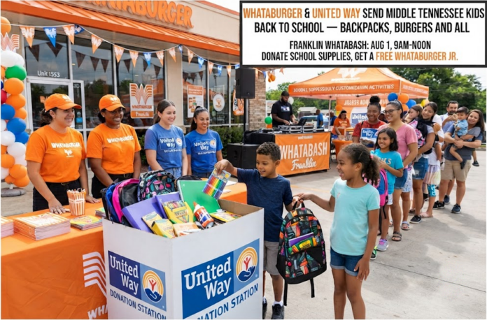 Whataburger and United Way to Hold Back-to-School Whatabash — Franklin, TN on Aug. 1st from 9:00am to Noon