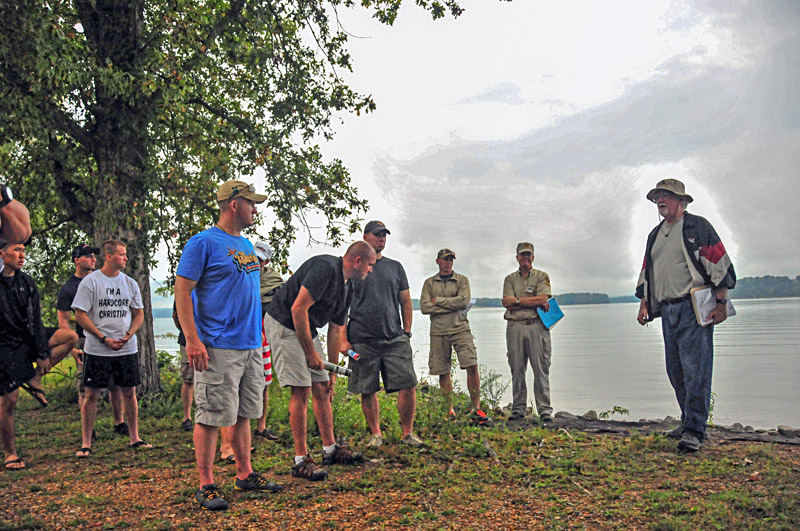 Officers and senior enlisted with 1st Battalion, 502nd Infantry Regiment, 2nd Brigade Combat Team, 101st Airborne Division (Air Assault), stand on the banks of the Tennessee River and view the remnants of Fort Heiman and Henry, September 28th. Greg Biggs, a military historian, discusses the significance of the two posts during the civil war. Officers and senior enlisted with 1st Battalion, 502nd Infantry Regiment, 2nd Brigade Combat Team, 101st Airborne Division (Air Assault), stand on the banks of the Tennessee River and view the remnants of Fort Heiman and Henry, September 28th. Greg Biggs, a military historian, discusses the significance of the two posts during the civil war.
