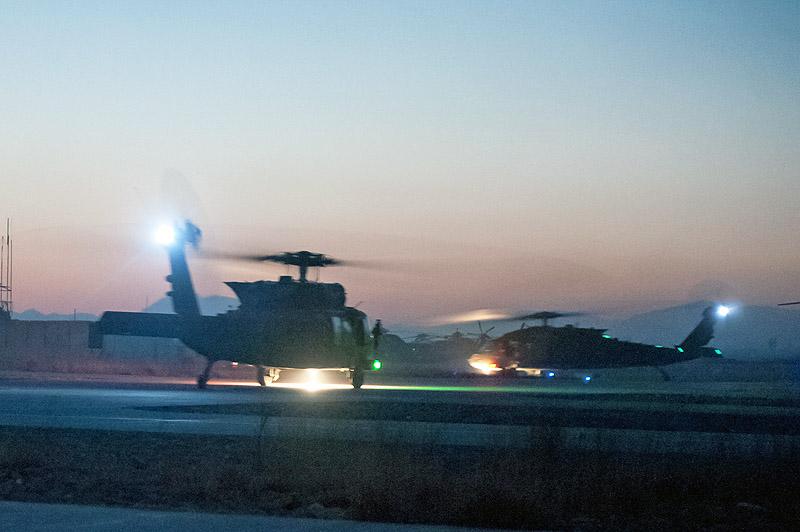 UH-60 Black Hawk helicopters with A Company, 5th Battalion, 101st Combat Aviation Brigade, Task Force No Mercy, taxi to the flightline to leave for a night mission at Forward Operating Base Salerno, Afghanistan, Jan. 23, 2013. (U.S. Army photo by Sgt. Duncan Brennan, 101st CAB public affairs) UH-60 Black Hawk helicopters with A Company, 5th Battalion, 101st Combat Aviation Brigade, Task Force No Mercy, taxi to the flightline to leave for a night mission at Forward Operating Base Salerno, Afghanistan, Jan. 23, 2013. (U.S. Army photo by Sgt. Duncan Brennan, 101st CAB public affairs)