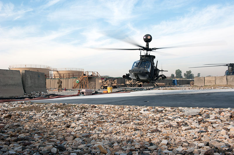 An OH-58D Kiowa Warrior helicopter with 2nd Squadron 17th Cavalry Regiment, 101st Combat Aviation Brigade takes off from the forward armament and refueling point after returning from a mission at Forward Operating Base Fenty, Afghanistan, Dec. 19, 2012. (U.S. Army photo by Sgt. Duncan Brennan, 101st CAB public affairs) An OH-58D Kiowa Warrior helicopter with 2nd Squadron 17th Cavalry Regiment, 101st Combat Aviation Brigade takes off from the forward armament and refueling point after returning from a mission at Forward Operating Base Fenty, Afghanistan, Dec. 19, 2012. (U.S. Army photo by Sgt. Duncan Brennan, 101st CAB public affairs)