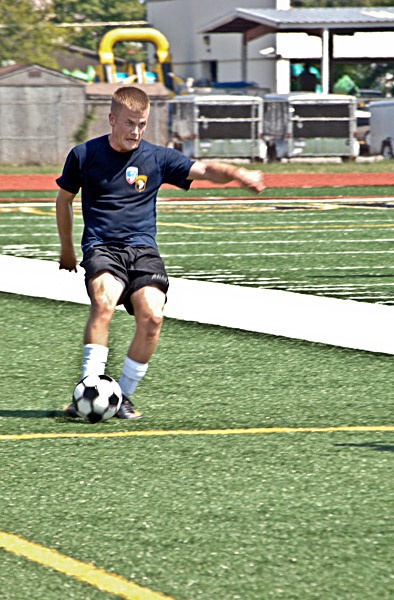1st Lt. Brady Juelson of 3rd Battalion, 187th Infantry Regiment, 3rd Brigade Combat Team, 101st Airborne Division (Air Assault) passes up field during the 2012 Week of the Eagle Championship Soccer Game. 1st Lt. Juelson scored both of the Rakkasans' goals during the 3rd Brigade Combat Team's 2-0 win over the 101st Sustainment Brigade here Aug. 15th. (Photo by Maj. Stacy Hopwood, 3BCT PAO) 1st Lt. Brady Juelson of 3rd Battalion, 187th Infantry Regiment, 3rd Brigade Combat Team, 101st Airborne Division (Air Assault) passes up field during the 2012 Week of the Eagle Championship Soccer Game. 1st Lt. Juelson scored both of the Rakkasans' goals during the 3rd Brigade Combat Team's 2-0 win over the 101st Sustainment Brigade here Aug. 15th. (Photo by Maj. Stacy Hopwood, 3BCT PAO)