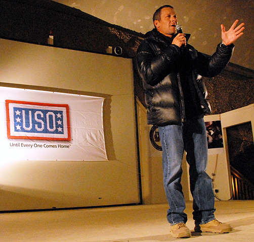 Bagram Airfield, Afghanistan – Seven-time Tour de France winner Lance Armstrong served as master of ceremonies for a stop of the Annual USO Holiday Tour for servicemembers on Bagram Airfield Dec. 15th. (Photo by U.S. Army Spc. Adam L. Mathis, 17th Public Affairs Detachment) Bagram Airfield, Afghanistan – Seven-time Tour de France winner Lance Armstrong served as master of ceremonies for a stop of the Annual USO Holiday Tour for servicemembers on Bagram Airfield Dec. 15th. (Photo by U.S. Army Spc. Adam L. Mathis, 17th Public Affairs Detachment)