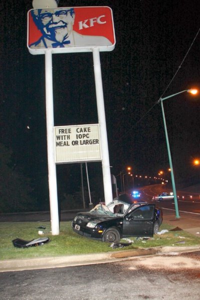 A 2002 VW Jetta crashed into a pole on the lot of Kentucky Fried Chicken on North Second Street early Sunday Morning. (Photo by CPD) A 2002 VW Jetta crashed into a pole on the lot of Kentucky Fried Chicken on North Second Street early Sunday Morning. (Photo by CPD)