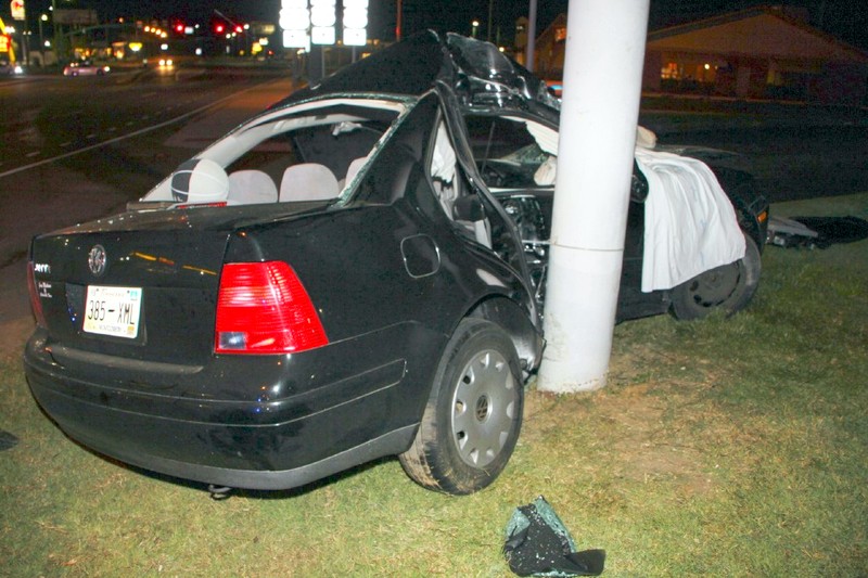 A 2002 VW Jetta crashed into a pole on the lot of Kentucky Fried Chicken on North Second Street early Sunday Morning. (Photo by CPD) A 2002 VW Jetta crashed into a pole on the lot of Kentucky Fried Chicken on North Second Street early Sunday Morning. (Photo by CPD)