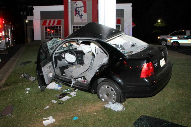 A 2002 VW Jetta crashed into a pole on the lot of Kentucky Fried Chicken on North Second Street early Sunday Morning. (Photo by CPD) A 2002 VW Jetta crashed into a pole on the lot of Kentucky Fried Chicken on North Second Street early Sunday Morning. (Photo by CPD)