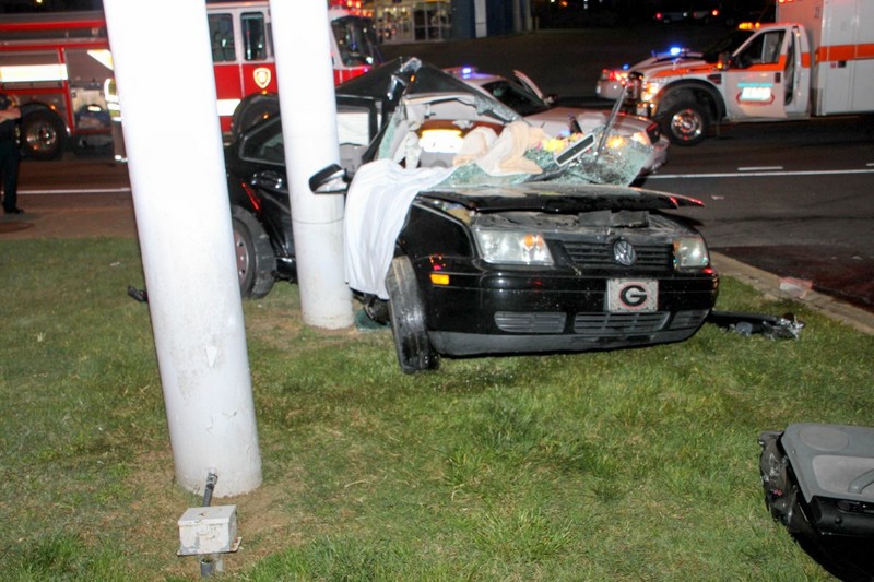 A 2002 VW Jetta crashed into a pole on the lot of Kentucky Fried Chicken on North Second Street early Sunday Morning. (Photo by CPD) A 2002 VW Jetta crashed into a pole on the lot of Kentucky Fried Chicken on North Second Street early Sunday Morning. (Photo by CPD)
