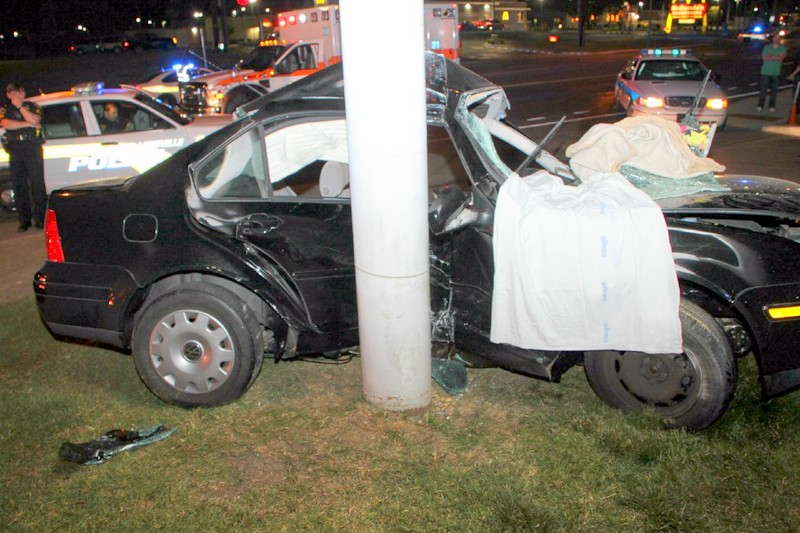 A 2002 VW Jetta crashed into a pole on the lot of Kentucky Fried Chicken on North Second Street early Sunday Morning. (Photo by CPD) A 2002 VW Jetta crashed into a pole on the lot of Kentucky Fried Chicken on North Second Street early Sunday Morning. (Photo by CPD)