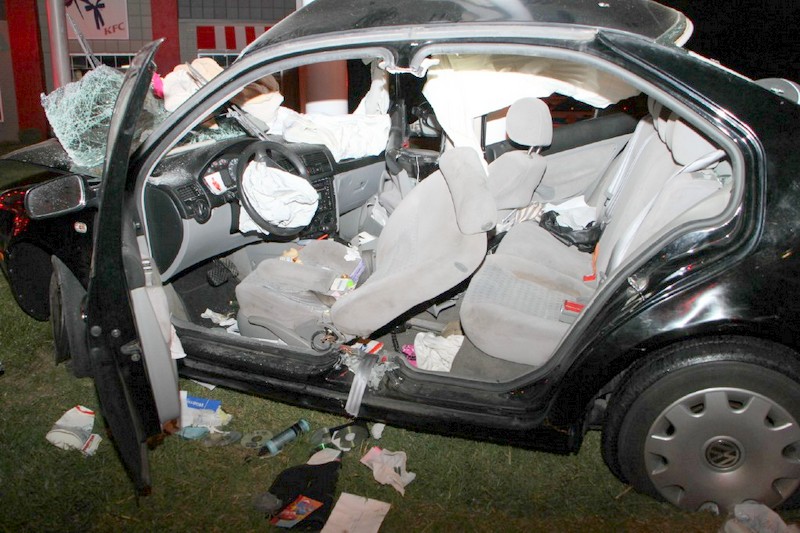 A 2002 VW Jetta crashed into a pole on the lot of Kentucky Fried Chicken on North Second Street early Sunday Morning. (Photo by CPD) A 2002 VW Jetta crashed into a pole on the lot of Kentucky Fried Chicken on North Second Street early Sunday Morning. (Photo by CPD)