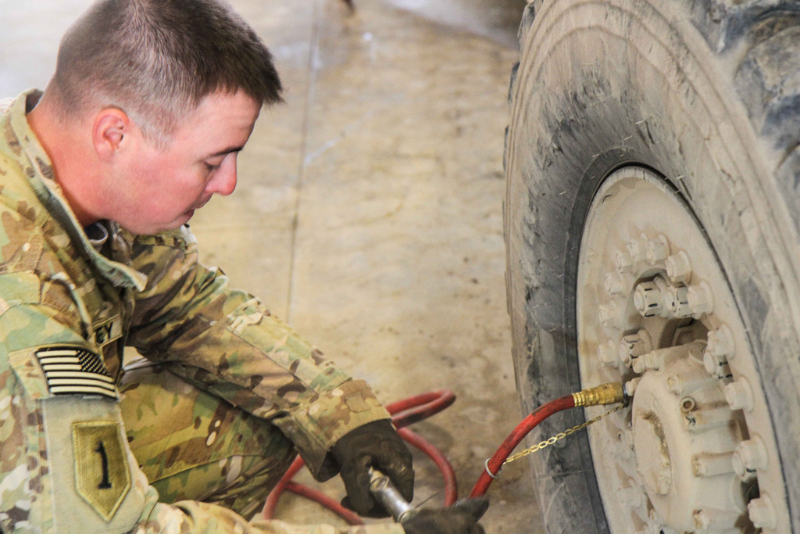 A Soldier assigned to 1st Battalion, 187th Infantry Regiment, 3rd Brigade Combat Team "Rakkasans,” 101st Airborne Division (Air Assault), checks and refills air into a tactical vehicle on Forward Operating Base Gardez, Afghanistan, Jan. 24, 2013. The vehicle recovery team may be called out at a moment’s notice and vehicle readiness is a major requirement. (Spc. Brian Smith-Dutton/U.S. Army) A Soldier assigned to 1st Battalion, 187th Infantry Regiment, 3rd Brigade Combat Team "Rakkasans,” 101st Airborne Division (Air Assault), checks and refills air into a tactical vehicle on Forward Operating Base Gardez, Afghanistan, Jan. 24, 2013. The vehicle recovery team may be called out at a moment’s notice and vehicle readiness is a major requirement. (Spc. Brian Smith-Dutton/U.S. Army)