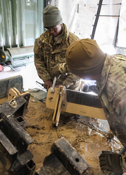 Spc. Annson Sanders and Spc. Jesseray Leonguerro, both assigned to 1st Battalion, 187th Infantry Regiment, 3rd Brigade Combat Team "Rakkasans,” 101st Airborne Division (Air Assault), work together to remove heavy duty steel mounting brackets on Forward Operating Base Gardez, Afghanistan, Jan. 24, 2013. A high torque drill is used in order to separate parts. (Spc. Brian Smith-Dutton/U.S. Army) Spc. Annson Sanders and Spc. Jesseray Leonguerro, both assigned to 1st Battalion, 187th Infantry Regiment, 3rd Brigade Combat Team "Rakkasans,” 101st Airborne Division (Air Assault), work together to remove heavy duty steel mounting brackets on Forward Operating Base Gardez, Afghanistan, Jan. 24, 2013. A high torque drill is used in order to separate parts. (Spc. Brian Smith-Dutton/U.S. Army)