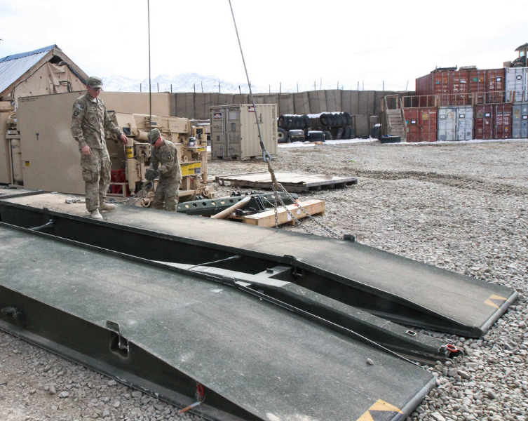 Soldiers assigned to Company E, 1st Battalion, 187th Infantry Regiment, 3rd Brigade Combat Team "Rakkasans,” 101st Airborne Division (Air Assault), work to move a collapsible bridge system in preparation for transport on Forward Operating Base Gardez, Afghanistan, Jan. 24, 2013. The bridge system may be requested at any time andSoldiers are required to have it mission ready at a moment’s notice. (Spc. Brian Smith-Dutton/U.S. Army) Soldiers assigned to Company E, 1st Battalion, 187th Infantry Regiment, 3rd Brigade Combat Team "Rakkasans,” 101st Airborne Division (Air Assault), work to move a collapsible bridge system in preparation for transport on Forward Operating Base Gardez, Afghanistan, Jan. 24, 2013. The bridge system may be requested at any time andSoldiers are required to have it mission ready at a moment’s notice. (Spc. Brian Smith-Dutton/U.S. Army)