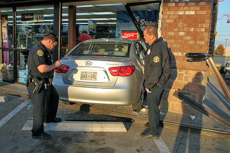 Brakes on the Hyundai Elantra fail and it crashed through the glass of the Shell Sudden Service on Wilma Rudolph Boulevard. (Photo by CPD-Jim Knoll) Brakes on the Hyundai Elantra fail and it crashed through the glass of the Shell Sudden Service on Wilma Rudolph Boulevard. (Photo by CPD-Jim Knoll)