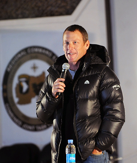 Bagram Airfield, Afghanistan – Seven-time Tour de France winner Lance Armstrong talks with servicemembers during the Annual USO Holiday Tour on Bagram Airfield Dec. 15th. (Photo by U.S. Army Staff Sgt. Michael L. Sparks, 17th Public Affairs Detachment) Bagram Airfield, Afghanistan – Seven-time Tour de France winner Lance Armstrong talks with servicemembers during the Annual USO Holiday Tour on Bagram Airfield Dec. 15th. (Photo by U.S. Army Staff Sgt. Michael L. Sparks, 17th Public Affairs Detachment)