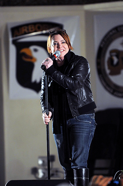 Bagram Airfield, Afghanistan – Comedian Kathleen Madigan performs for servicemembers during the Annual USO Holiday Tour on Bagram Airfield Dec. 15th. (Photo by U.S. Army Staff Sgt. Michael L. Sparks, 17th Public Affairs Detachment) Bagram Airfield, Afghanistan – Comedian Kathleen Madigan performs for servicemembers during the Annual USO Holiday Tour on Bagram Airfield Dec. 15th. (Photo by U.S. Army Staff Sgt. Michael L. Sparks, 17th Public Affairs Detachment)