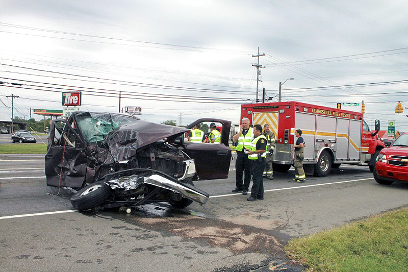 F-150 picked turned in front of Fuel Tanker causing an accident on Wilma Rudolph Boulevard. (Photo by Jim Knoll-CPD) F-150 picked turned in front of Fuel Tanker causing an accident on Wilma Rudolph Boulevard. (Photo by Jim Knoll-CPD)