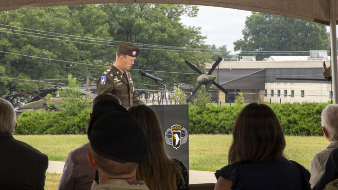 U.S. Army Col. Jeffery Pickler, Deputy Commanding Officer for Support, gives speech during 9/11 Remembrance Ceremony, September 11th, 2026, at Fort Campbell, KY. (Staff Sgt. Joshua Veasley, 101st Airborne Division (Air Assault))