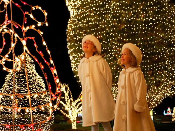 Sisters Maggie and Molly Clark, ages 8 and 5 in 2009, wearing matching white coats and fur hats, gaze up at trees wrapped in warm white lights at Christmas on the Cumberland in McGregor Park, Clarksville, Tennessee.