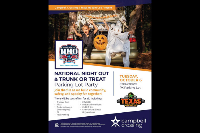 Fort Campbell families can enjoy National Night Out and Trunk or Treat as Campbell Crossing hosts an evening of Halloween fun on October 6th.